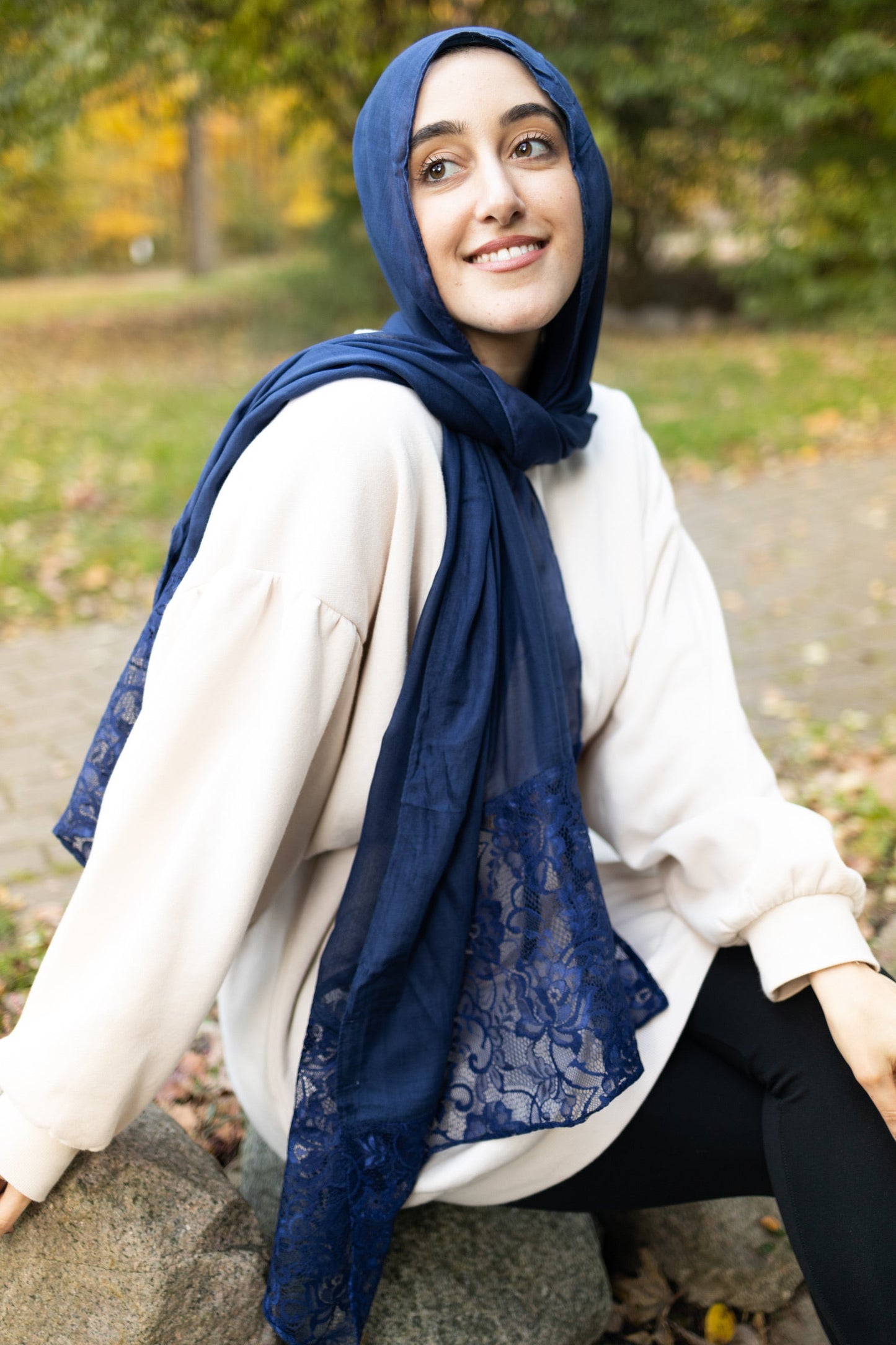 Modal Lace Hijab - Navy Blue