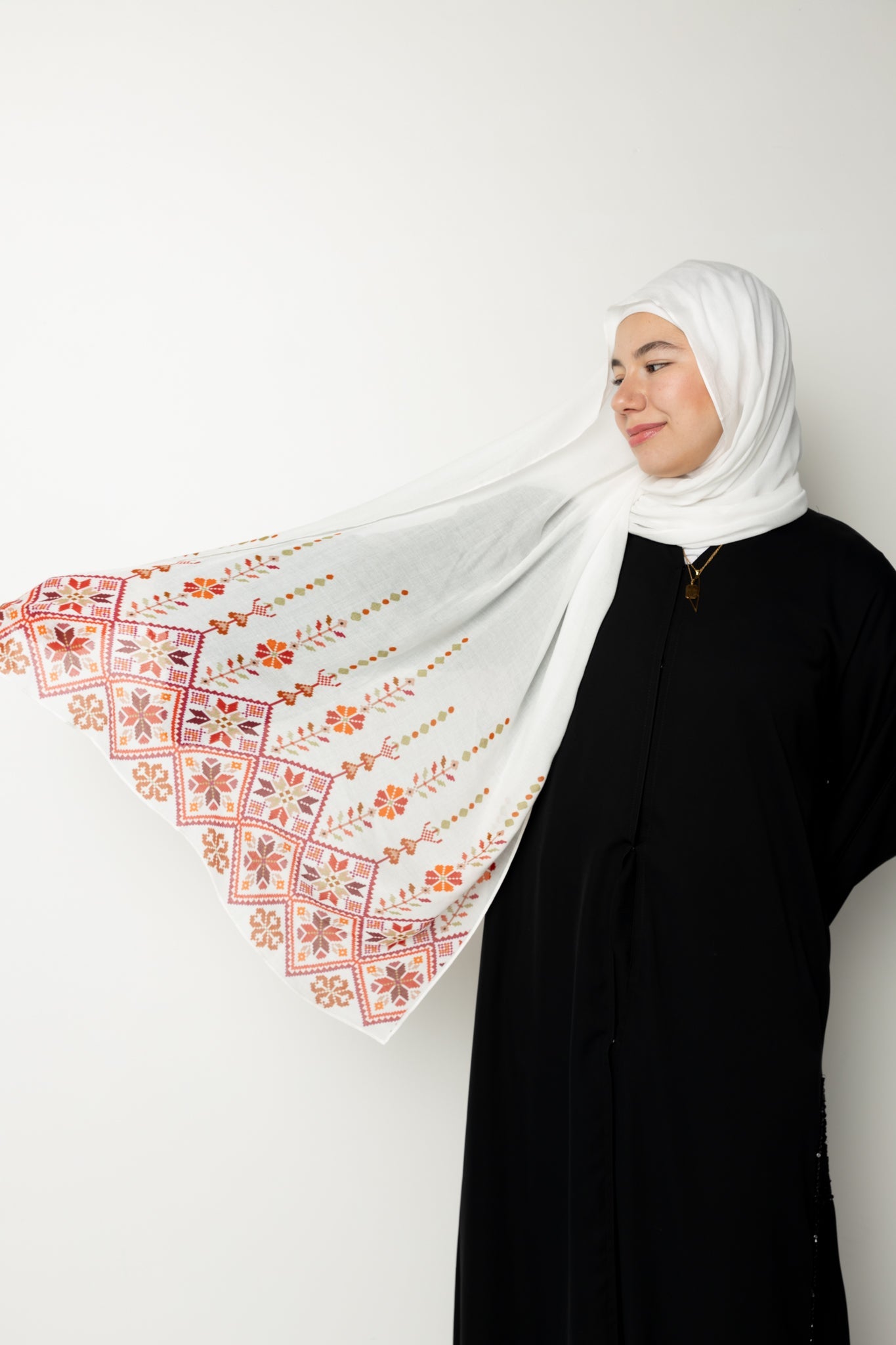 Modal Hijab - Tatreez Print White