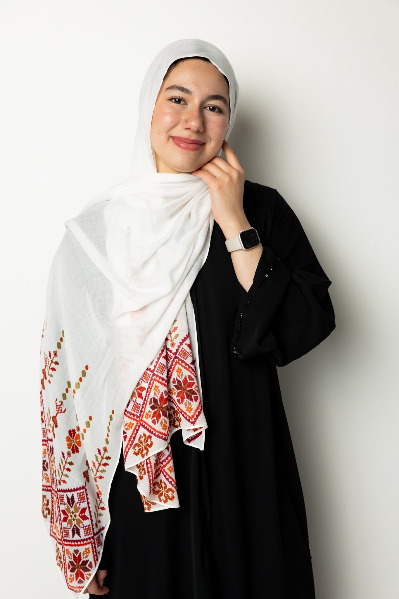 Modal Hijab - Tatreez Print White