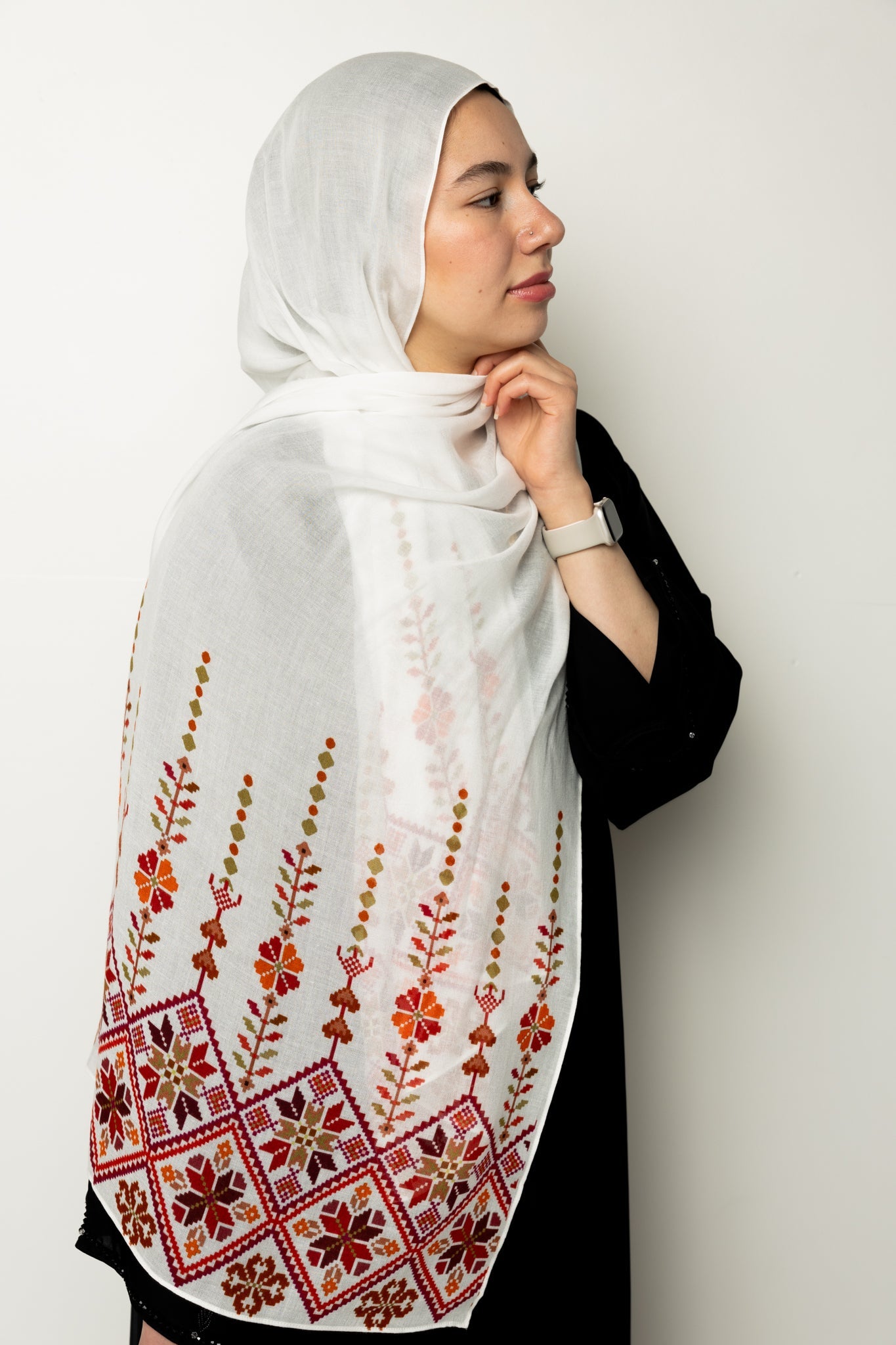 Modal Hijab - Tatreez Print White