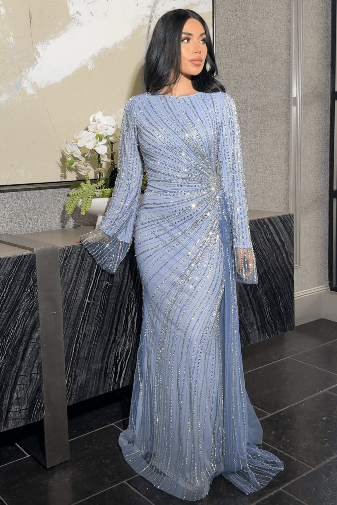 sequin modest dress Isra Long Sleeve Embellished Jersey alongside drape detailing that flatters your figure Modest Navy Sequins Formal Gala