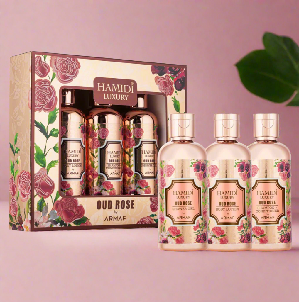 Luxury Oud Rose Gift Set 95ml (shower Gel + Body Lotion + Shampoo Conditioner)