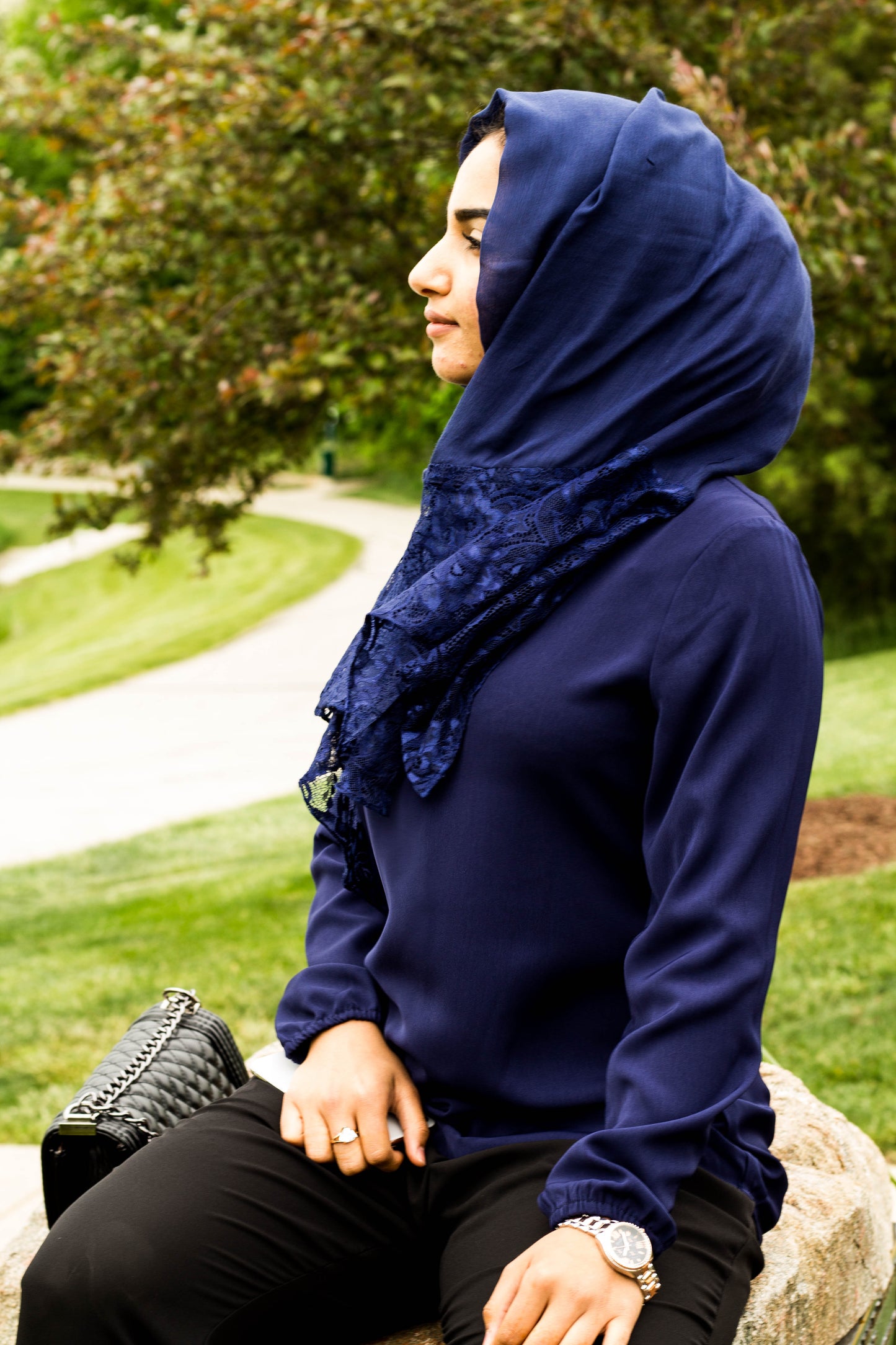 Modal Lace Hijab - Navy Blue