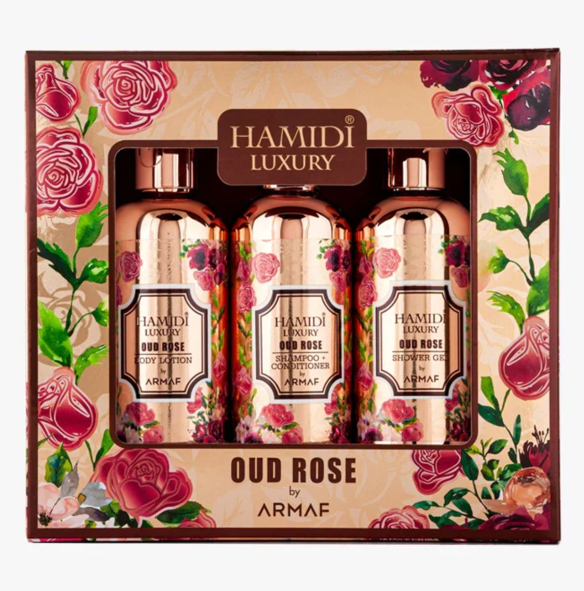Luxury Oud Rose Gift Set 95ml (shower Gel + Body Lotion + Shampoo Conditioner)