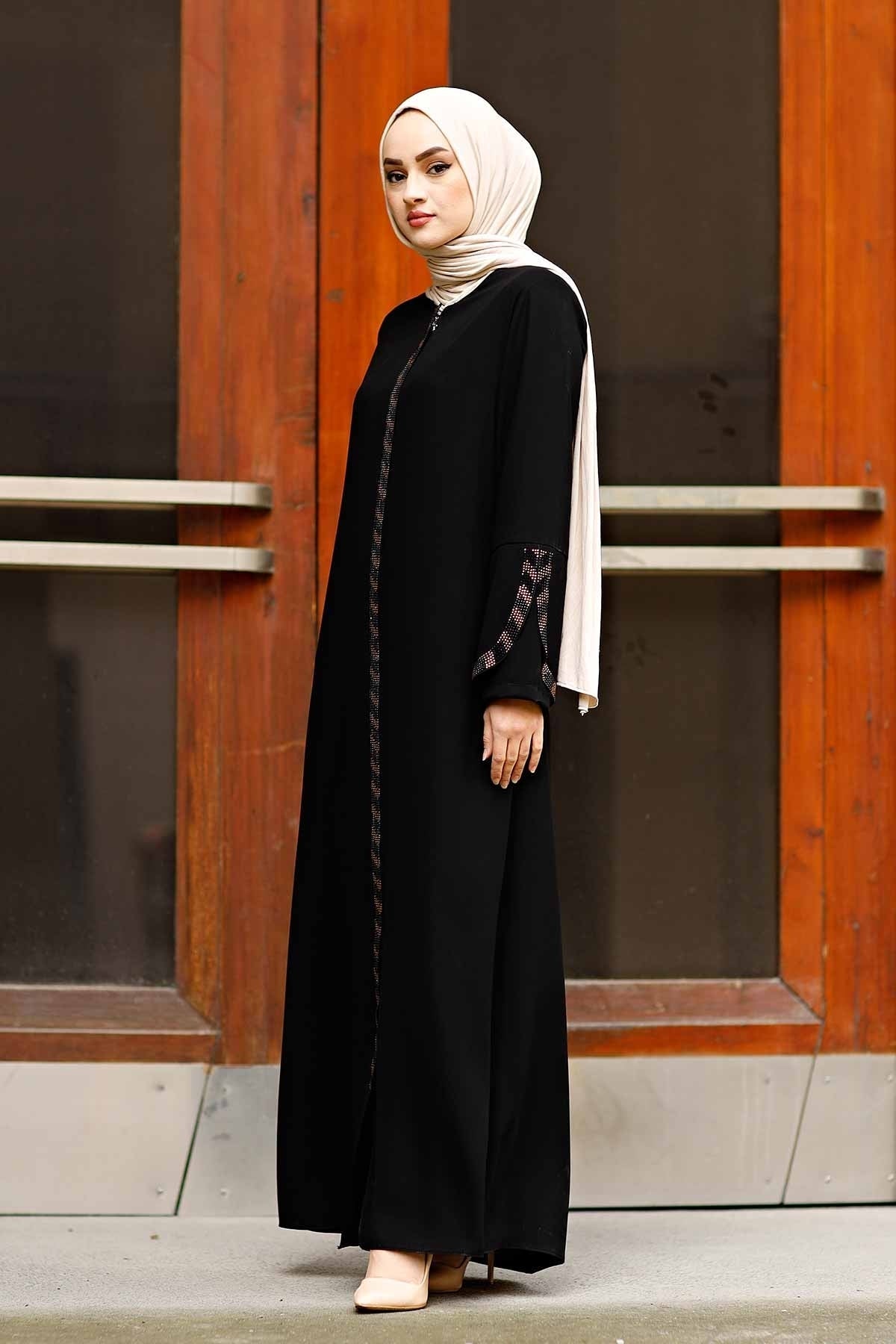 Black Rhinestone Trim Open Abaya with Bell Sleeves – Turkish Modest Abaya