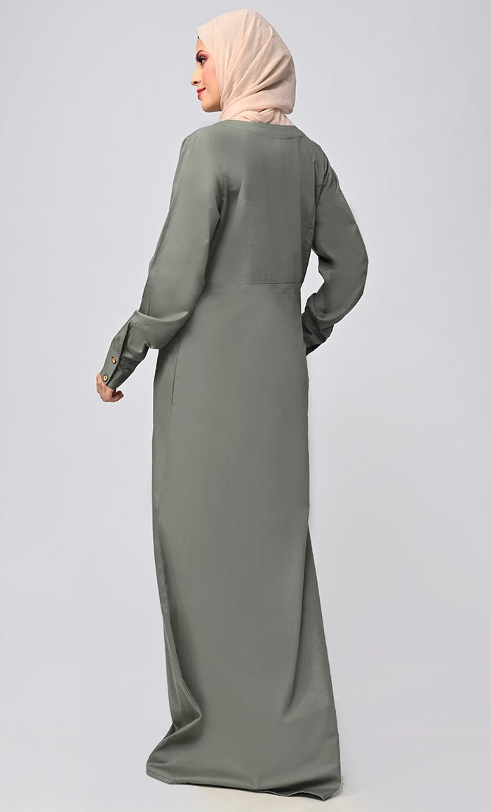 Pleated Waist Cotton Abaya ·Front Open with Pockets