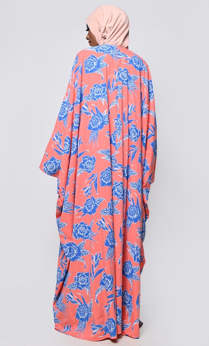Contrasted Floral Printed Applique Work Detailing Full Flairy Kaftan
