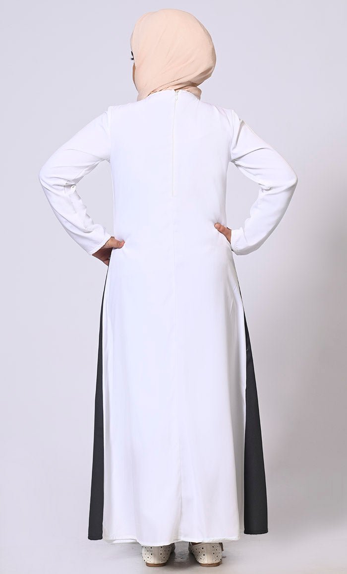 Double Layered Girl's Grey Abaya with Sequined Yoke and Front Pockets