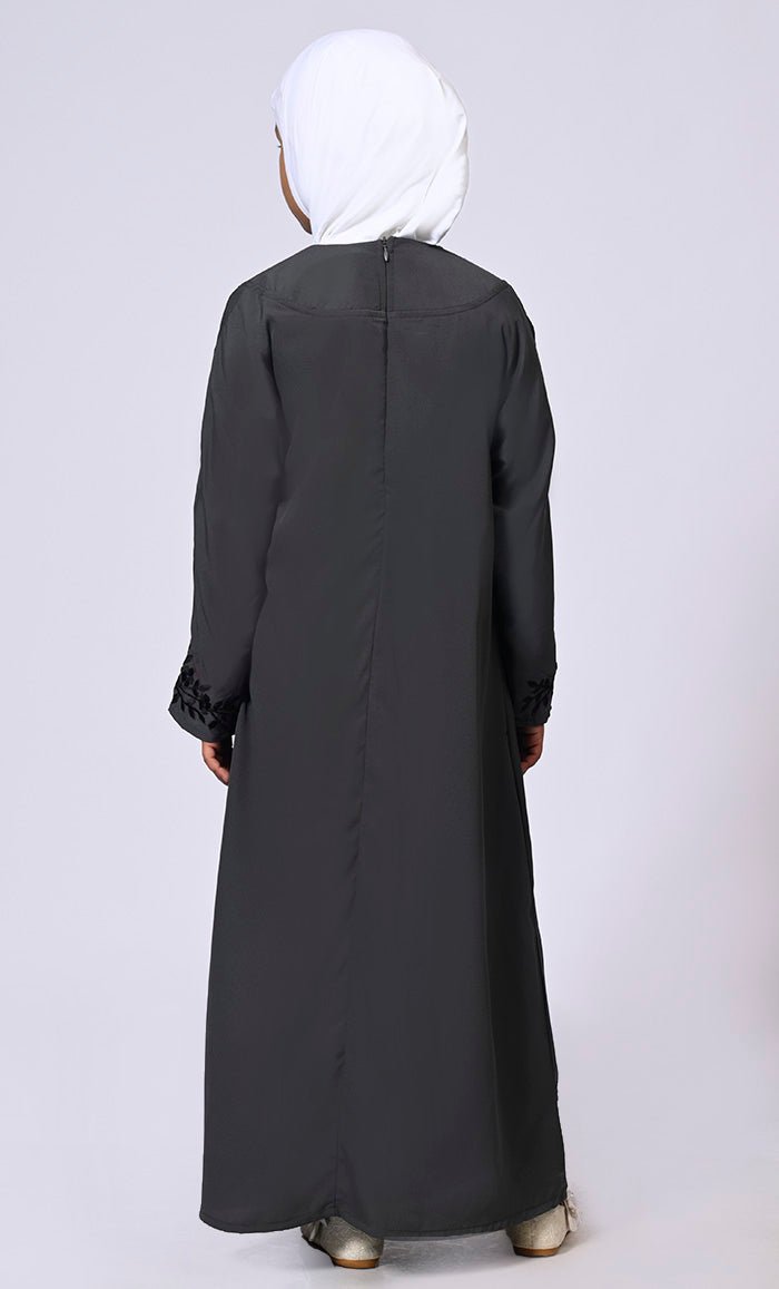 Elegant Ensemble: Girls' Grey Double Layered Embroidered Abaya with Belt