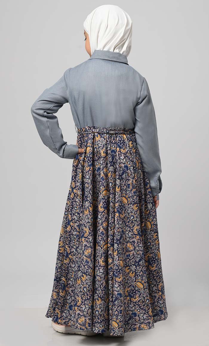 Formal Grey Chambrey Girl'S Modest Muslim Printed Abaya