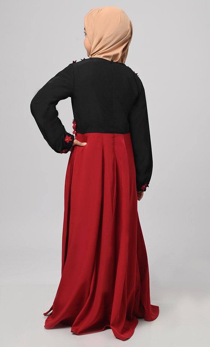Little Girl Rihana Black & Red Modest Abaya With Pockets