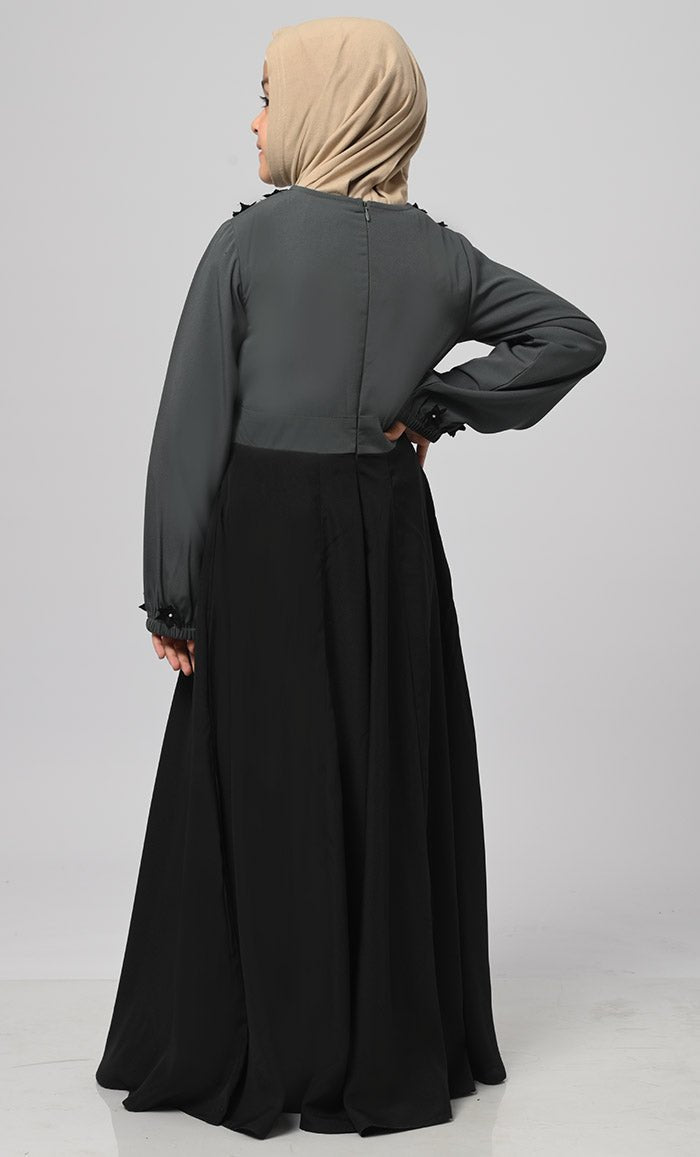 Little Girl Saaida Black & Grey Modest Abaya With Pockets