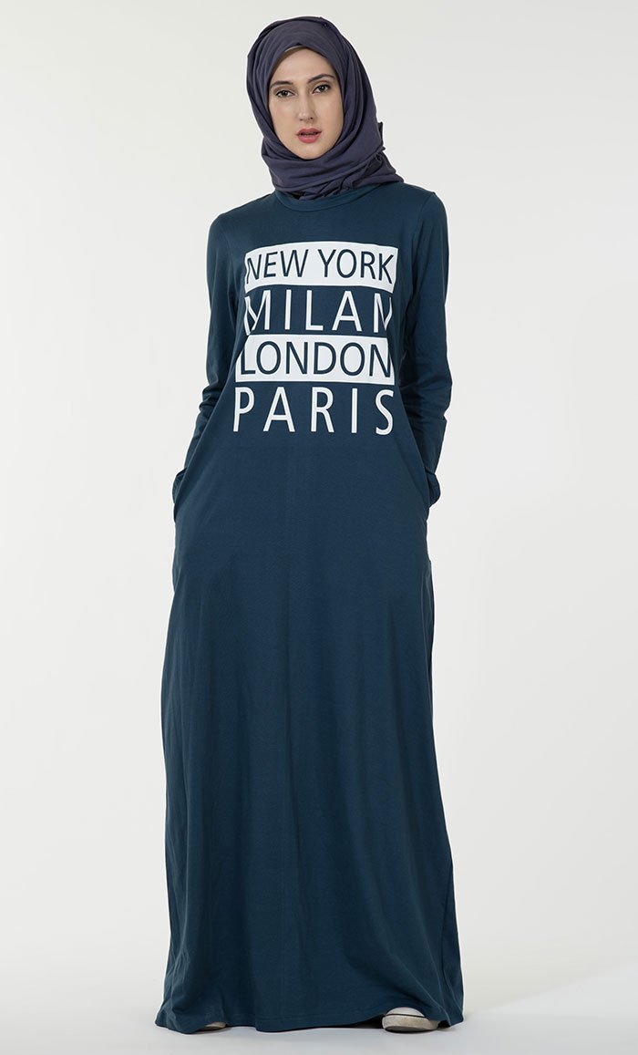 New York Milan London Paris text baisc everyday wear Abaya dress