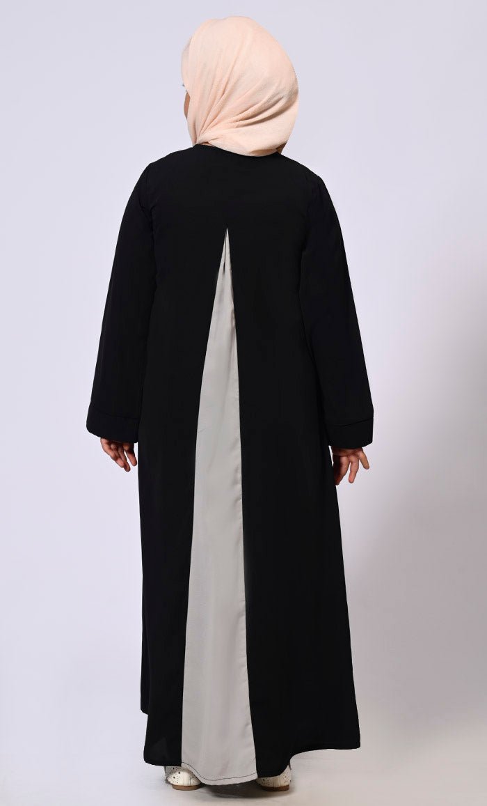 Pleated Perfection: Girl's Black Abaya with Box Pleats & Side Pockets