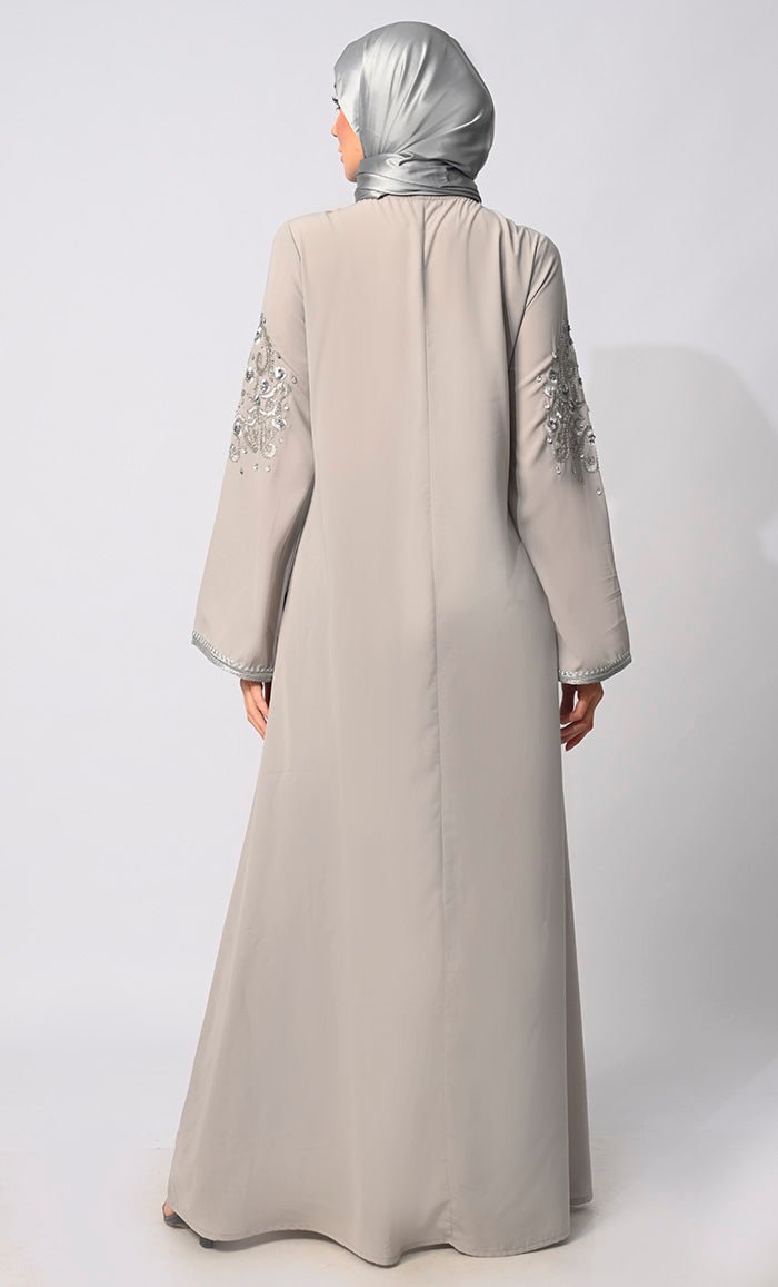 Women's Grey Embroidered and Handcrafted Abaya with hijab