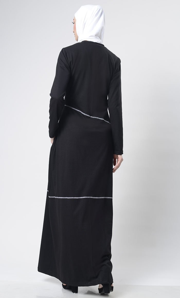 Simple Top Stitch Detailed Abaya With Pockets
