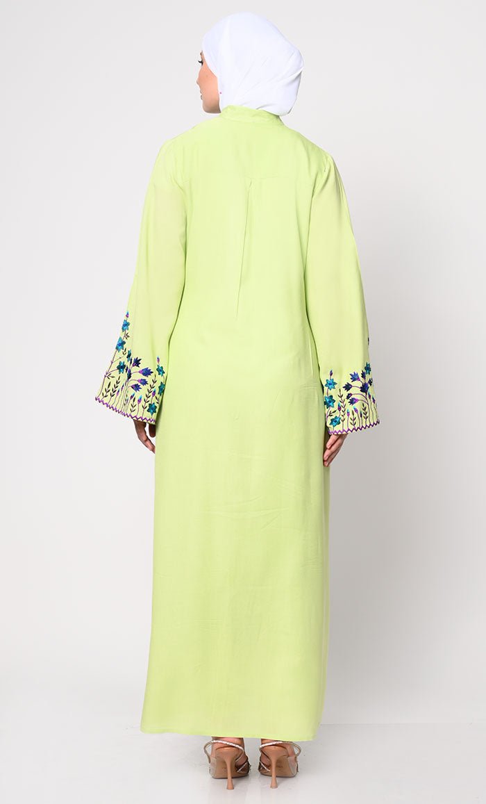 Hidden Placket Pista Green Abaya with Silk Embroidery
