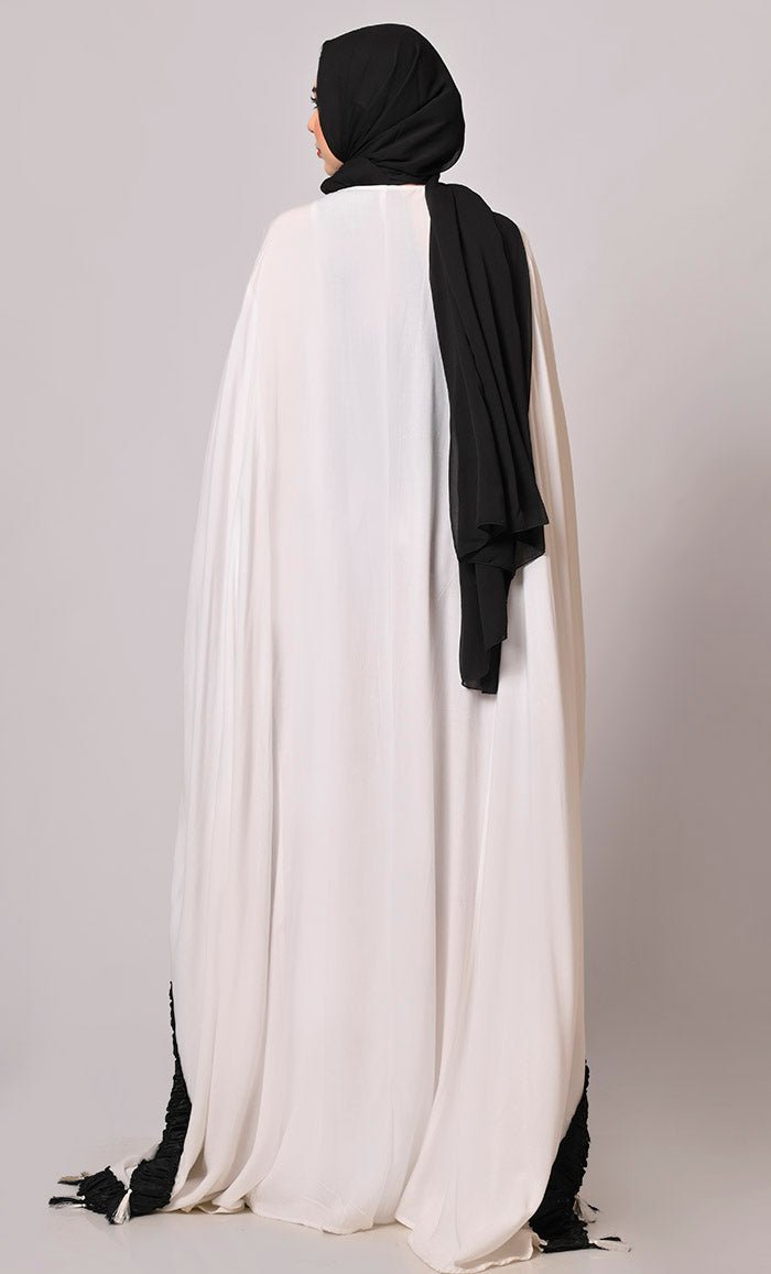Stunning Mirror Embroidered White Kaftan with Tassels