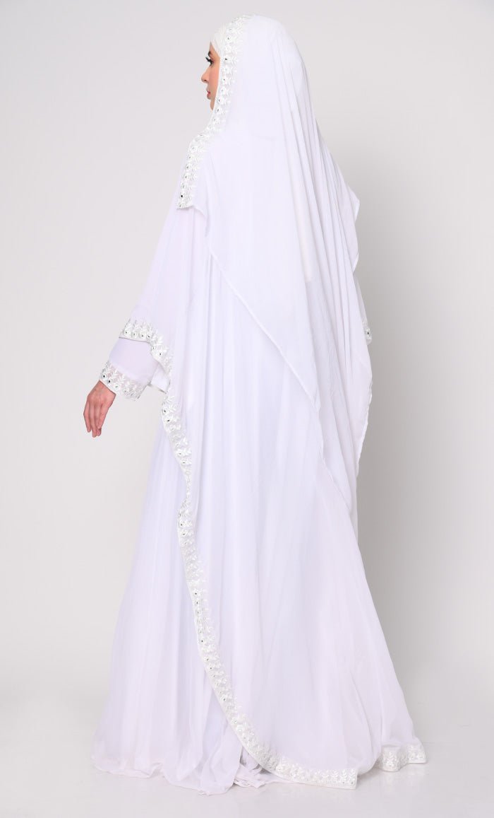 Timeless Beauty 3Pc White Embroidered Abaya and Dupatta