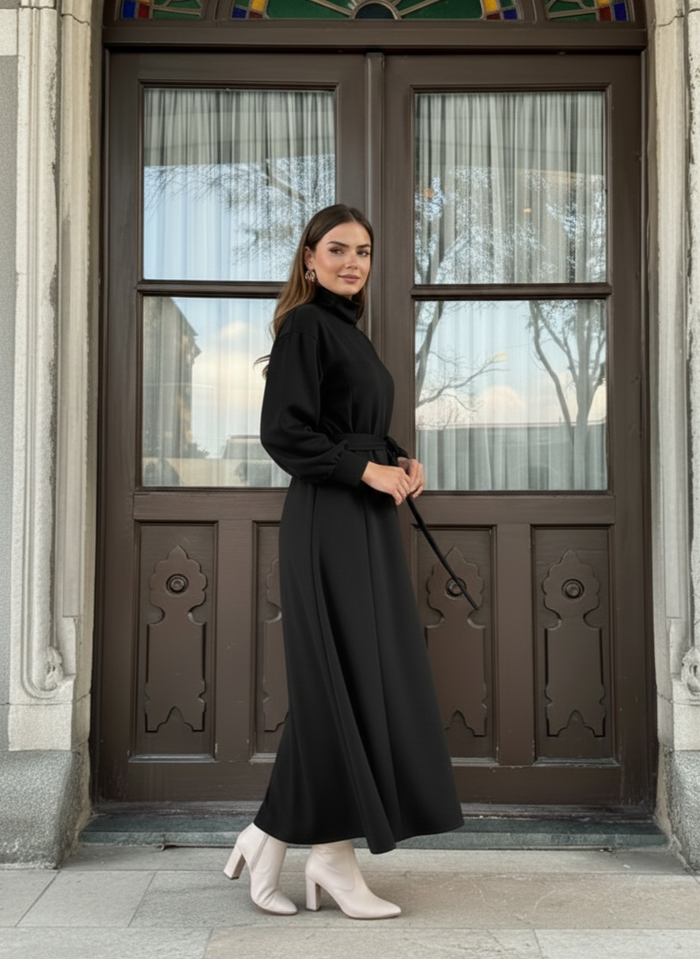 Black Turtleneck Belted Modest Maxi Dress – Winter Modest Dress