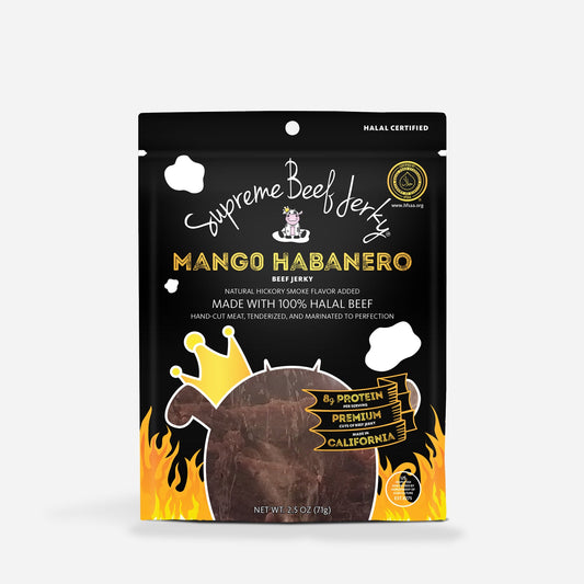 COMING SOON! HALAL BEEF JERKY, MARINATED SPICY BEEF JERKY, HANDCRAFTED GOURMET MEAT SNACKS, 2.5 OZ (MANGO HABANERO)