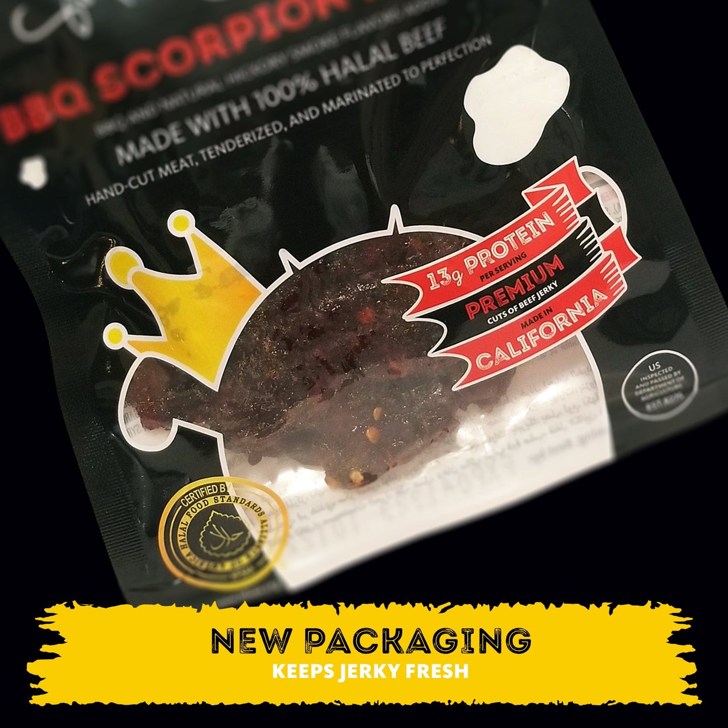 HALAL BEEF JERKY, MARINATED SPICY BEEF JERKY, HANDCRAFTED GOURMET MEAT SNACKS, 2.5 OZ (BBQ SCORPION PEPPER)