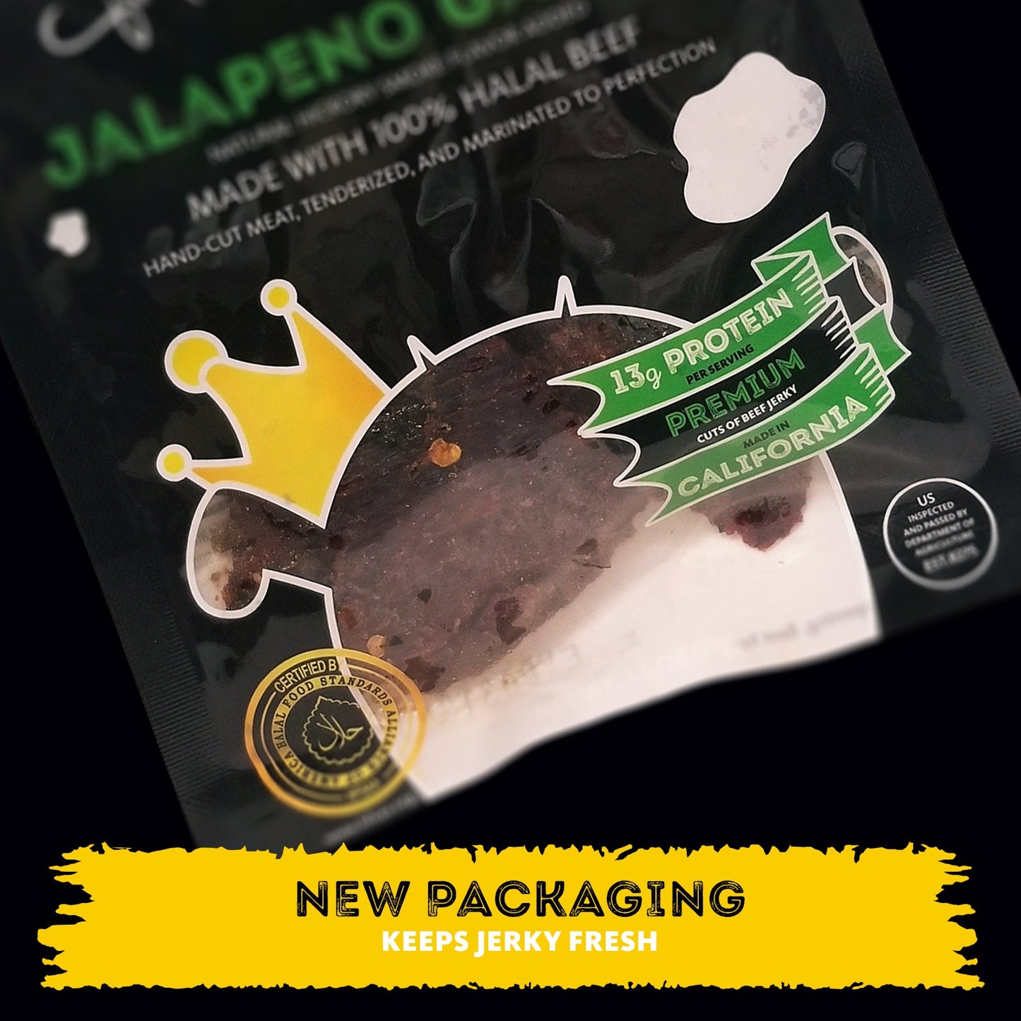 HALAL BEEF JERKY, MARINATED SPICY BEEF JERKY, HANDCRAFTED GOURMET MEAT SNACKS, 2.5 OZ (JALAPENO GARLIC)