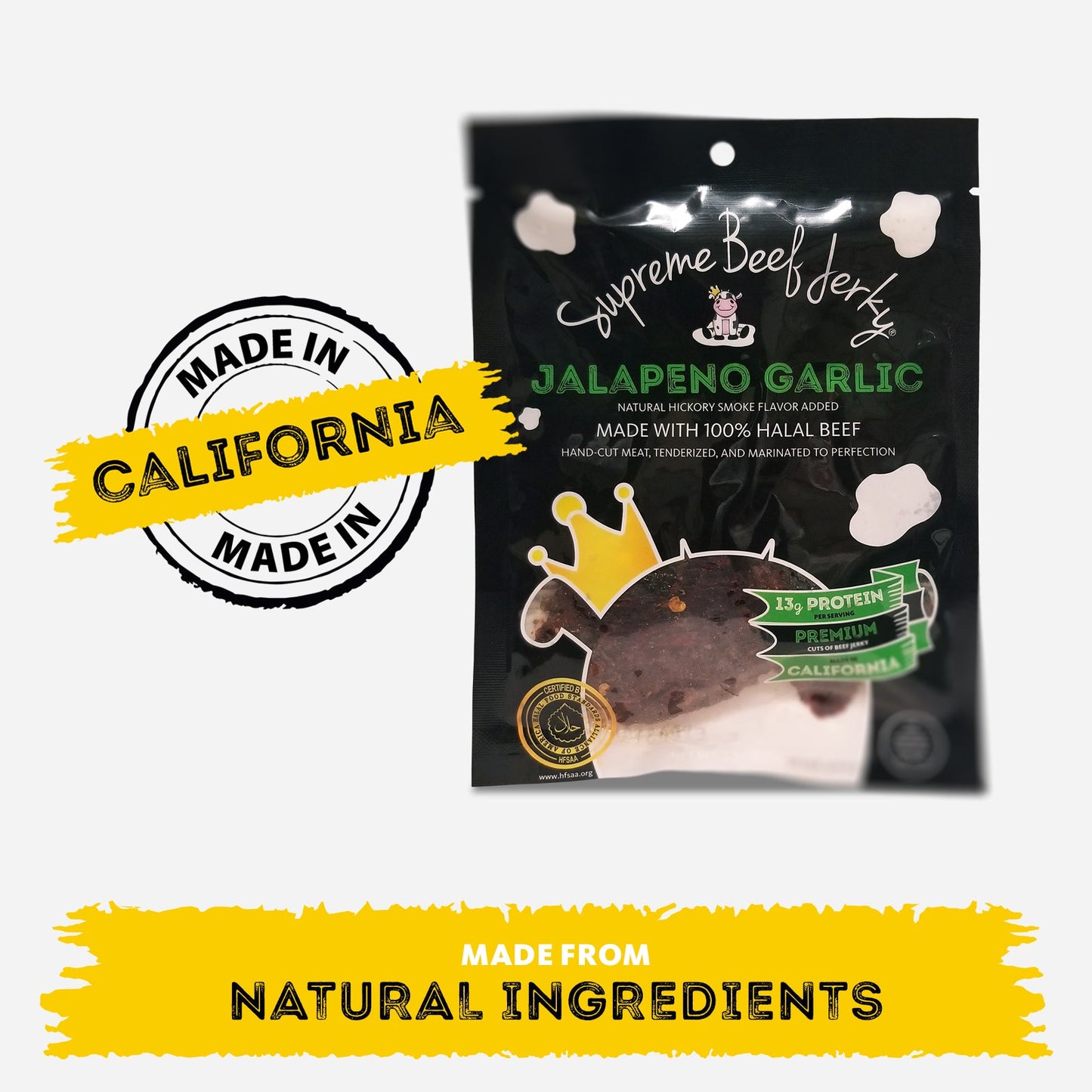 HALAL BEEF JERKY, MARINATED SPICY BEEF JERKY, HANDCRAFTED GOURMET MEAT SNACKS, 2.5 OZ (JALAPENO GARLIC)