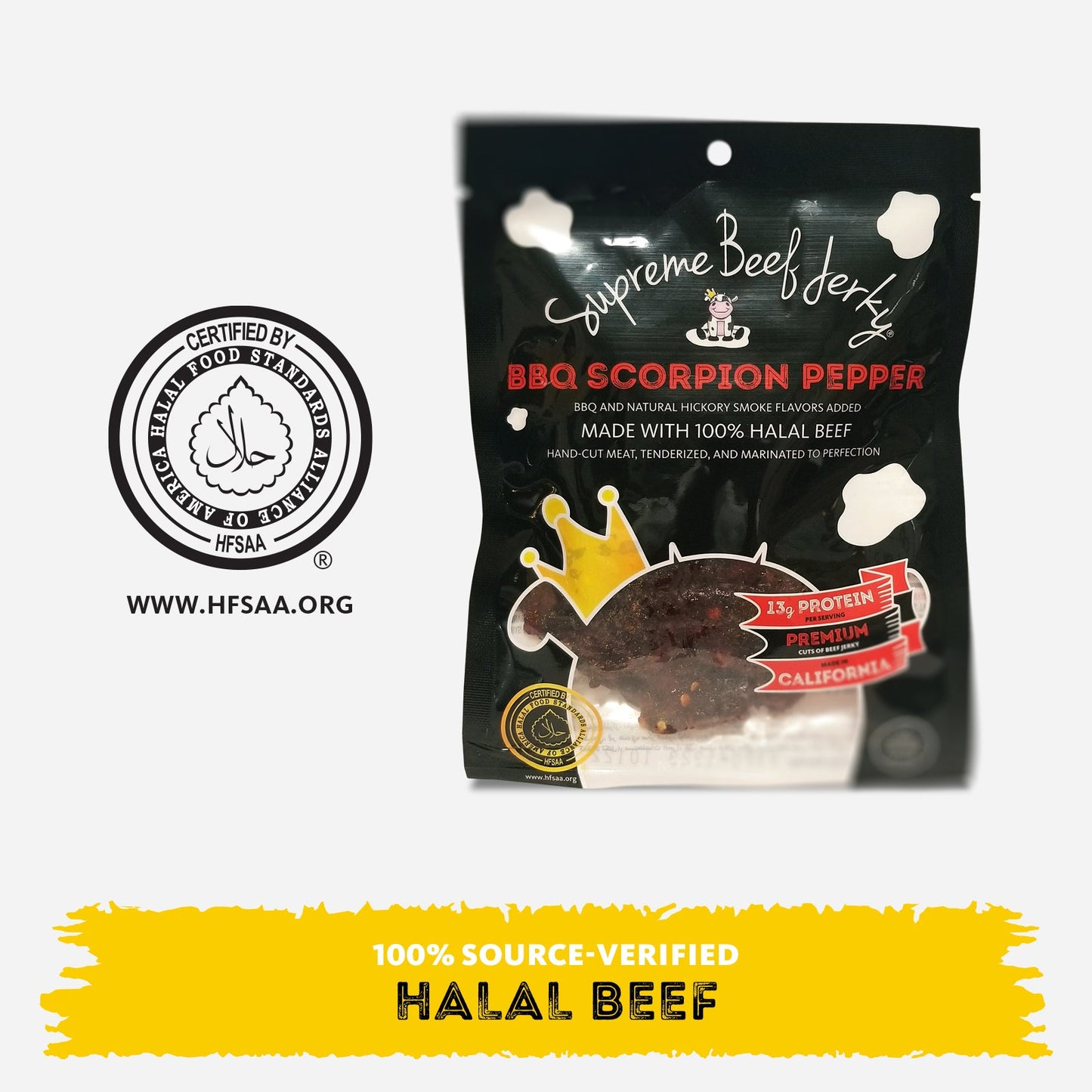 HALAL BEEF JERKY, MARINATED SPICY BEEF JERKY, HANDCRAFTED GOURMET MEAT SNACKS, 2.5 OZ (BBQ SCORPION PEPPER)