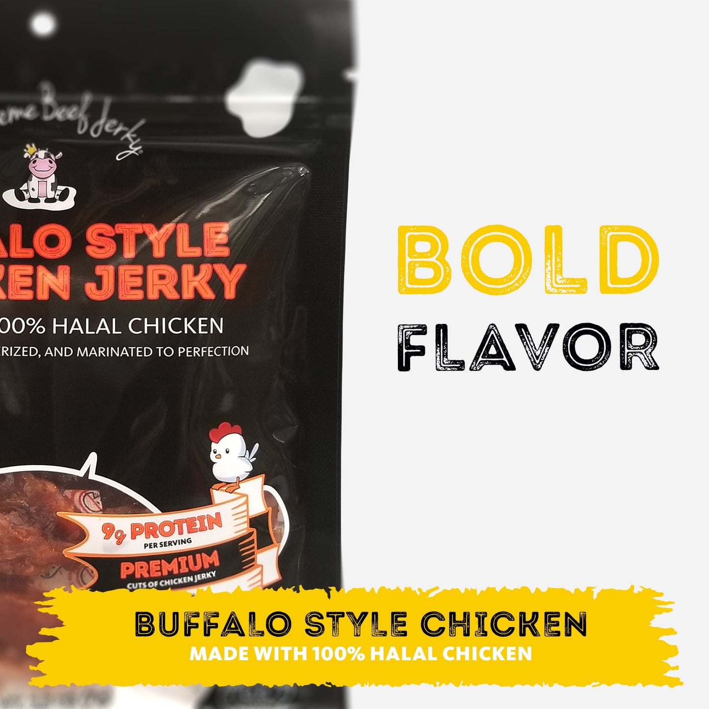 NEW HALAL CHICKEN JERKY, MARINATED CHICKEN JERKY, HANDCRAFTED GOURMET MEAT SNACKS, 2.5 OZ (BUFFALO STYLE CHICKEN)