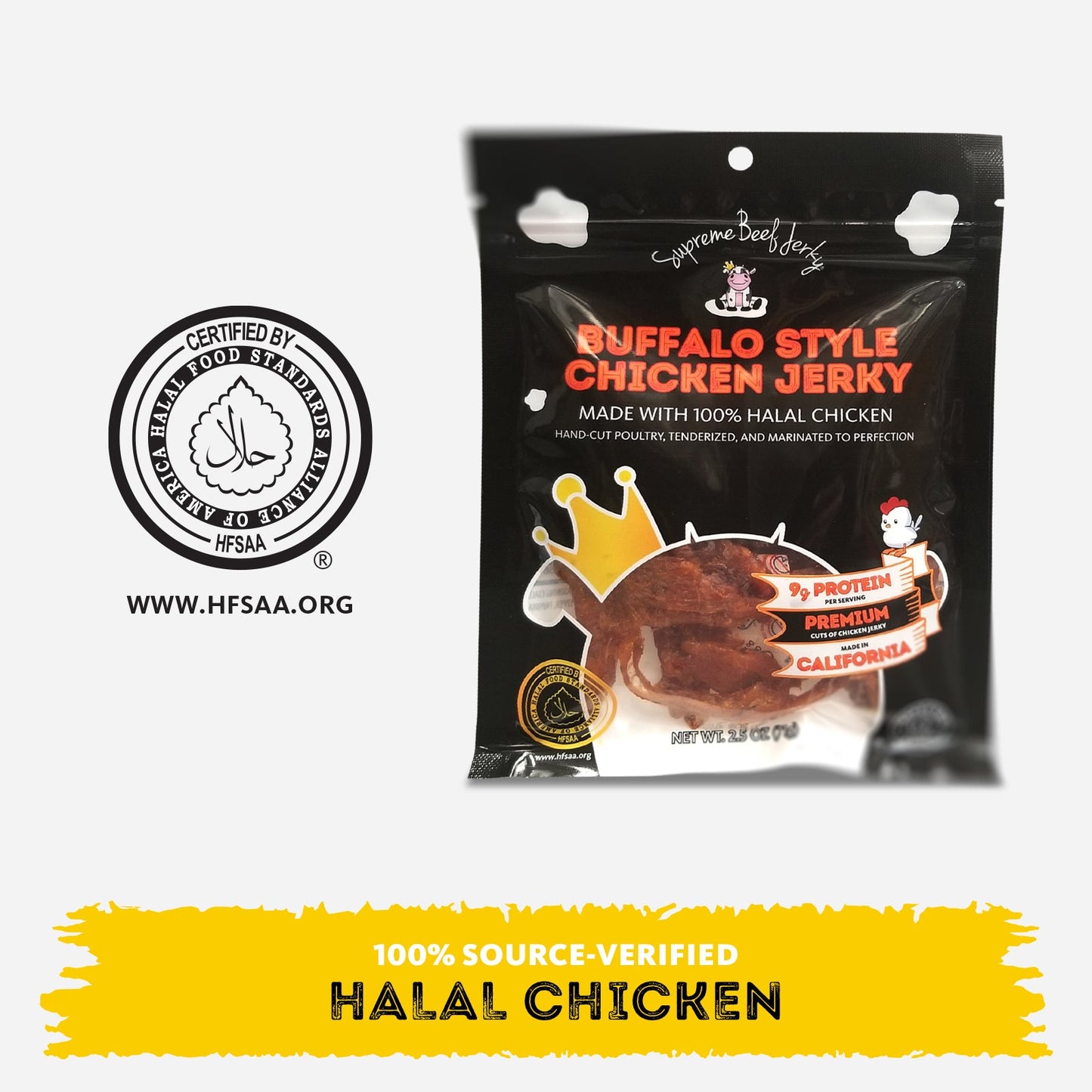 NEW HALAL CHICKEN JERKY, MARINATED CHICKEN JERKY, HANDCRAFTED GOURMET MEAT SNACKS, 2.5 OZ (BUFFALO STYLE CHICKEN)