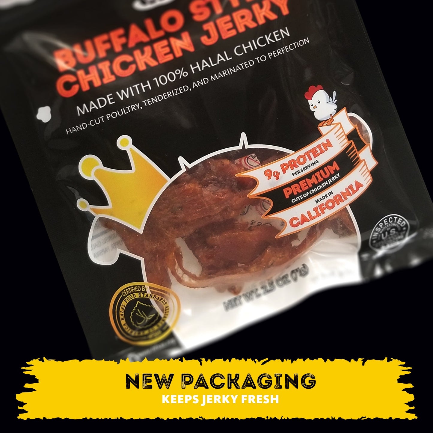 NEW HALAL CHICKEN JERKY, MARINATED CHICKEN JERKY, HANDCRAFTED GOURMET MEAT SNACKS, 2.5 OZ (BUFFALO STYLE CHICKEN)