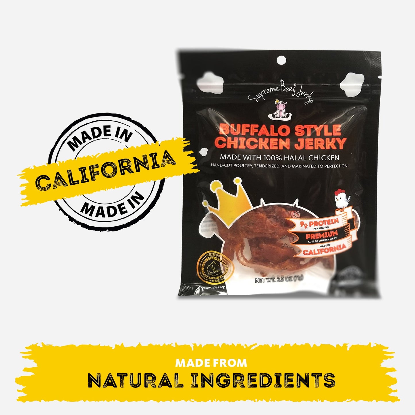 NEW HALAL CHICKEN JERKY, MARINATED CHICKEN JERKY, HANDCRAFTED GOURMET MEAT SNACKS, 2.5 OZ (BUFFALO STYLE CHICKEN)