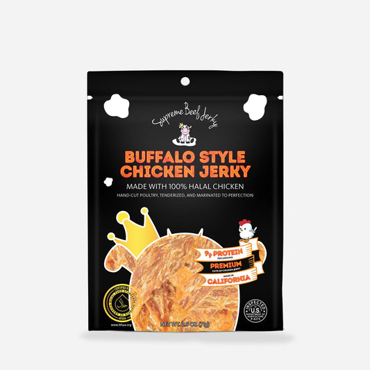 NEW HALAL CHICKEN JERKY, MARINATED CHICKEN JERKY, HANDCRAFTED GOURMET MEAT SNACKS, 2.5 OZ (BUFFALO STYLE CHICKEN)