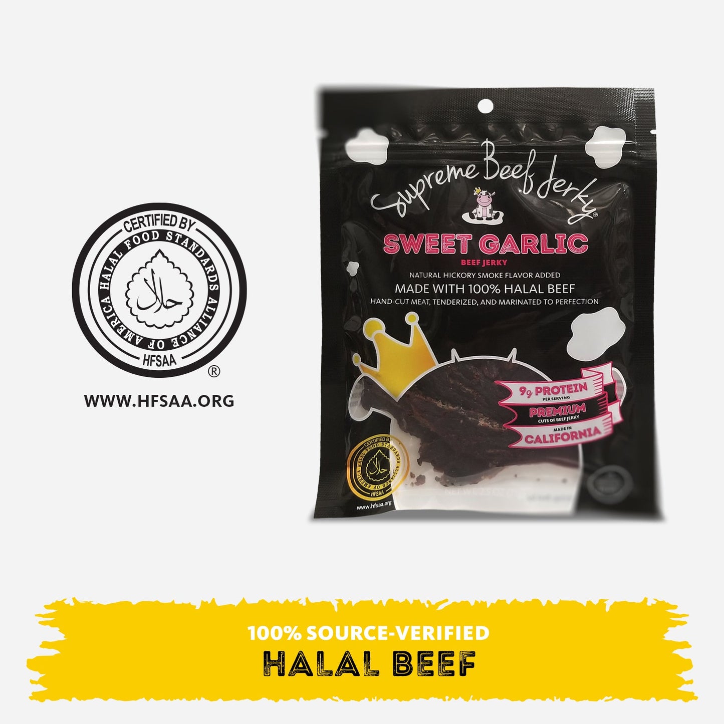 NEW HALAL BEEF JERKY, MARINATED BEEF JERKY, HANDCRAFTED GOURMET MEAT SNACKS, 2.5 OZ (SWEET GARLIC)