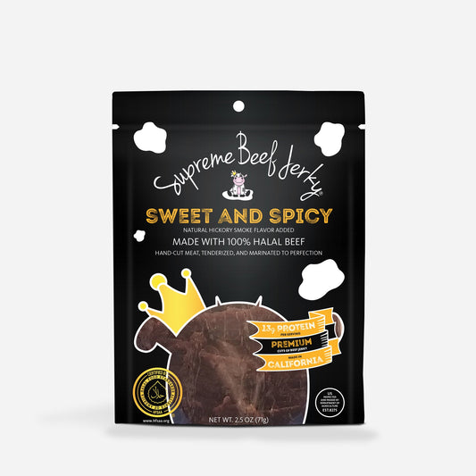 HALAL BEEF JERKY, MARINATED SWEET AND SPICY BEEF JERKY, HANDCRAFTED GOURMET MEAT SNACKS, 2.5 OZ (SWEET AND SPICY)