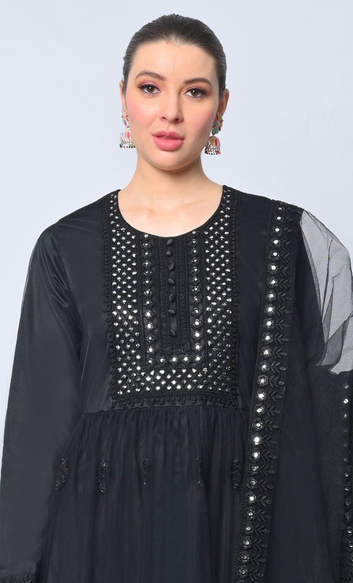 2pc Foil Work Embroidered Black Anarkali and Dupatta Set