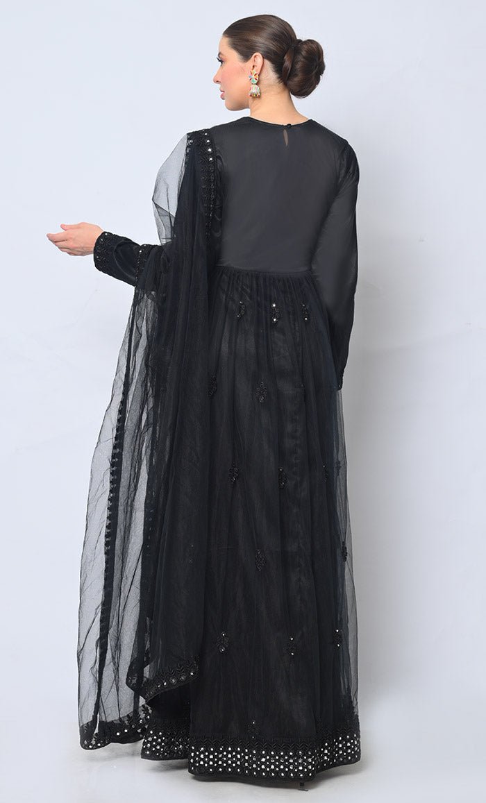 2pc Foil Work Embroidered Black Anarkali and Dupatta Set