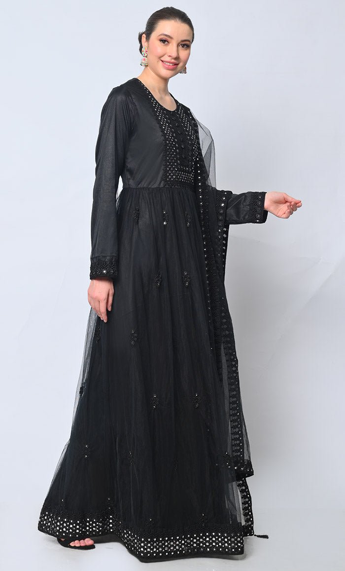 2pc Foil Work Embroidered Black Anarkali and Dupatta Set