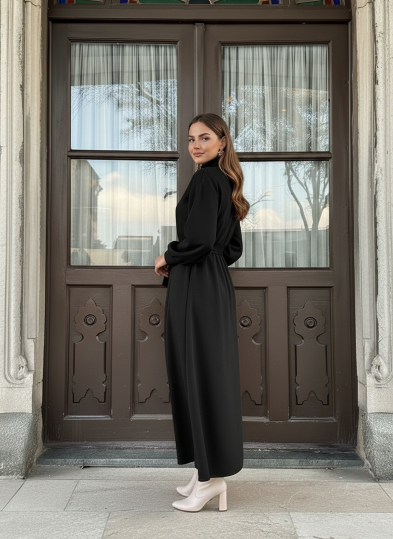 Black Turtleneck Belted Modest Maxi Dress – Winter Modest Dress