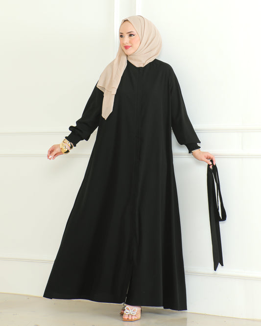 Black Belted Abaya with Elasticated Cuffs & Front Zipper – Turkish Modest Maxi Dress