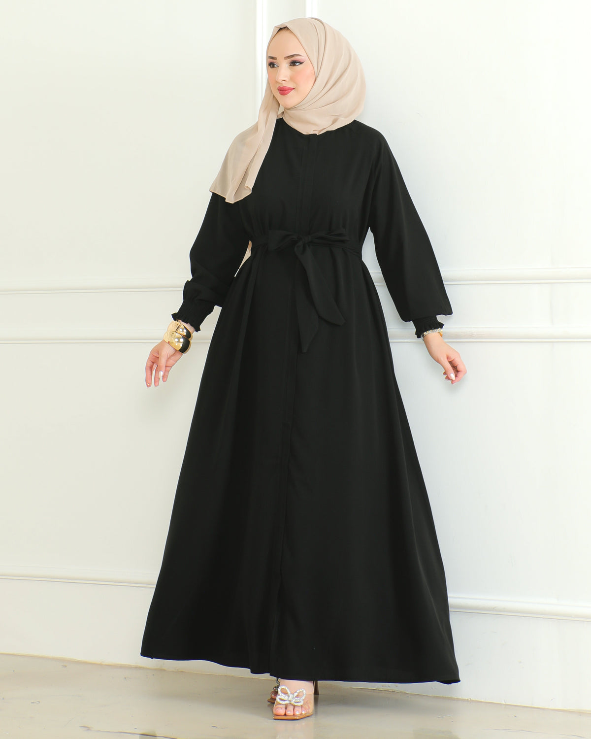 Black Belted Abaya with Elasticated Cuffs & Front Zipper – Turkish Modest Maxi Dress