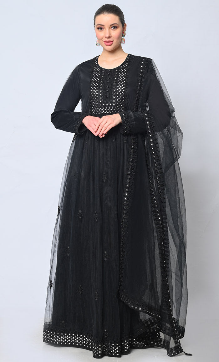2pc Foil Work Embroidered Black Anarkali and Dupatta Set
