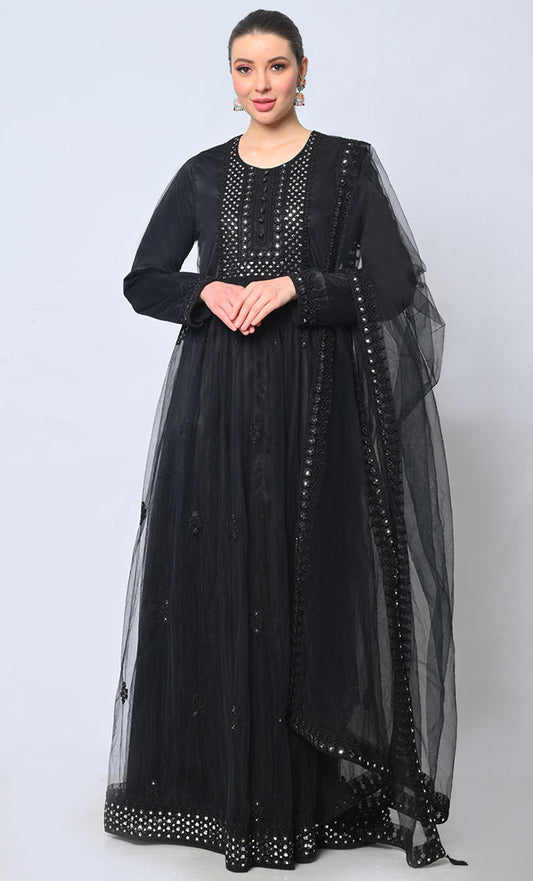 2pc Foil Work Embroidered Black Anarkali and Dupatta Set