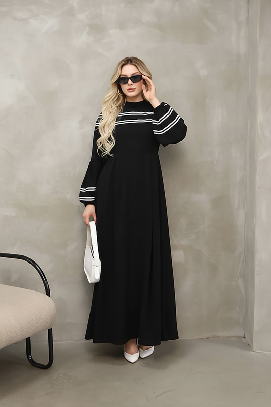 Black Striped Trim Modest Maxi Dress with Balloon Sleeves – Modest Maxi Dress