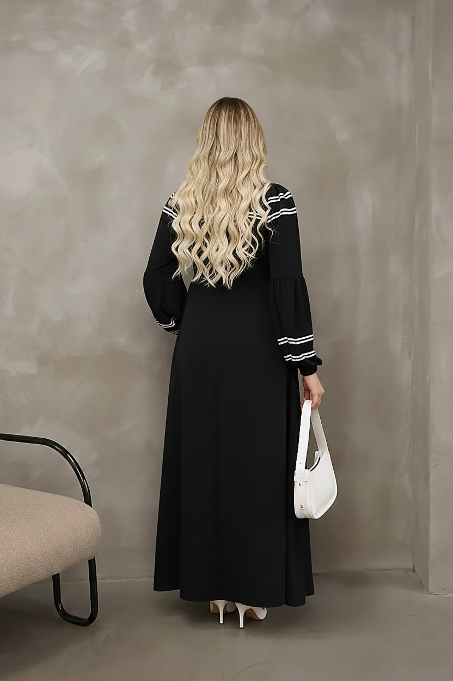 Black Striped Trim Modest Maxi Dress with Balloon Sleeves – Modest Maxi Dress