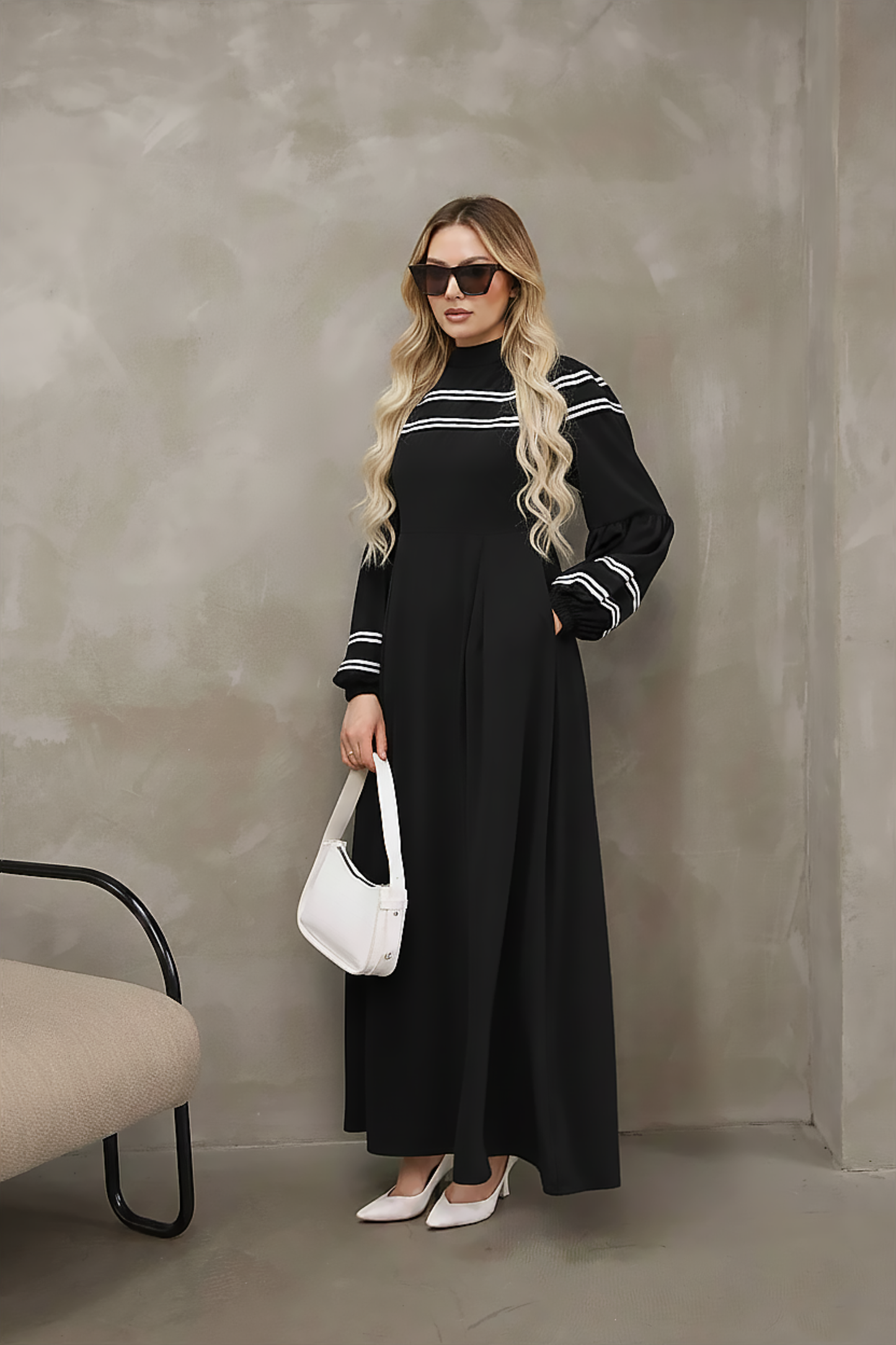 Black Striped Trim Modest Maxi Dress with Balloon Sleeves – Modest Maxi Dress