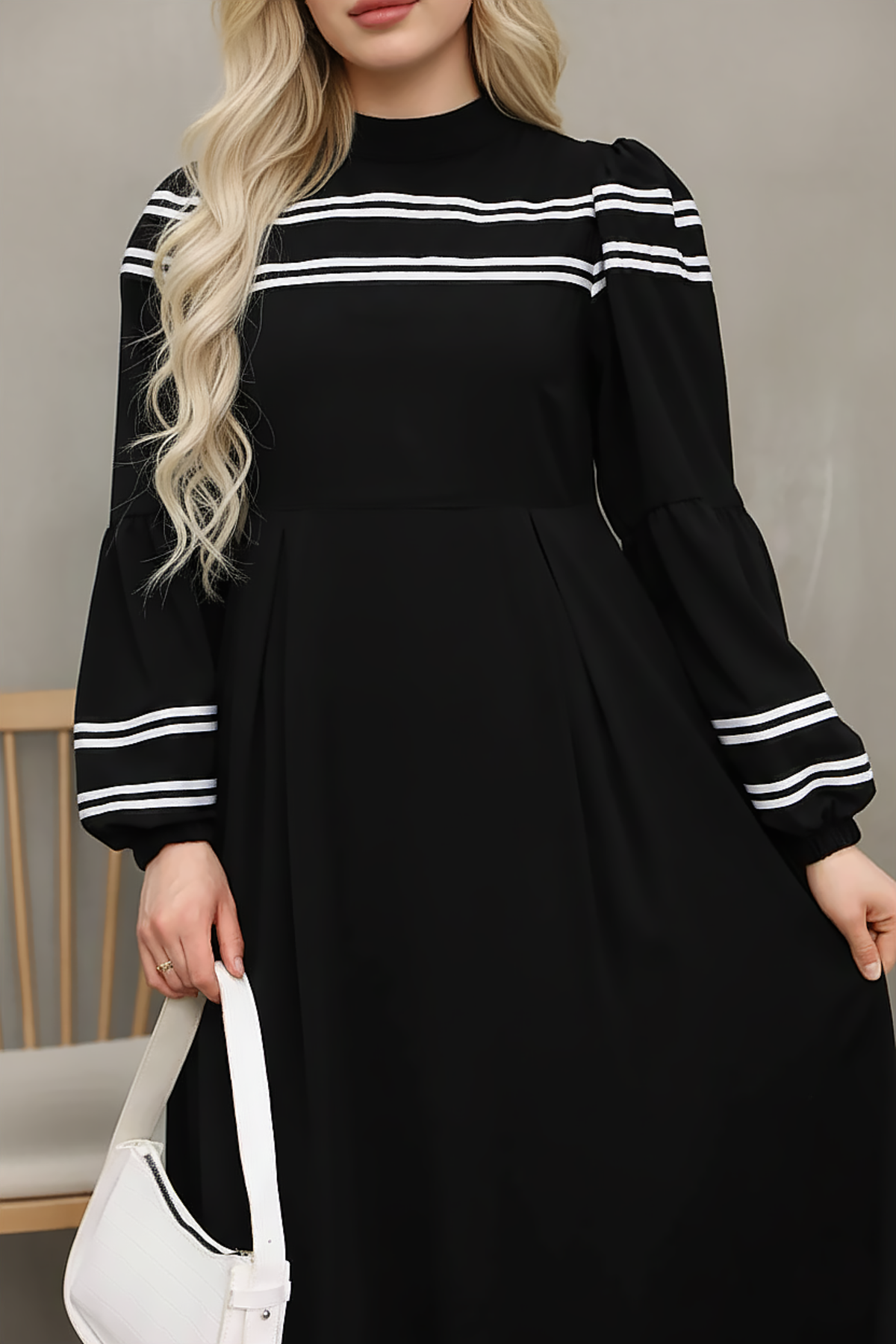 Black Striped Trim Modest Maxi Dress with Balloon Sleeves – Modest Maxi Dress