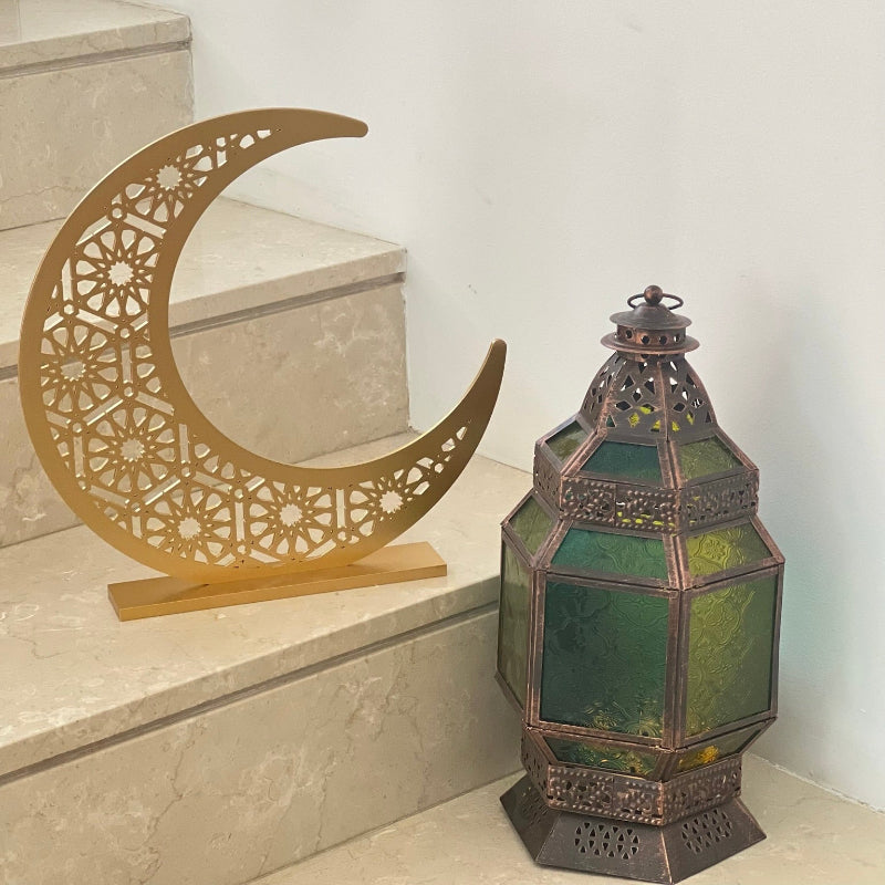 Tall Bronze Lantern with Green Glass – A Radiant Symbol of Sacred Evenings