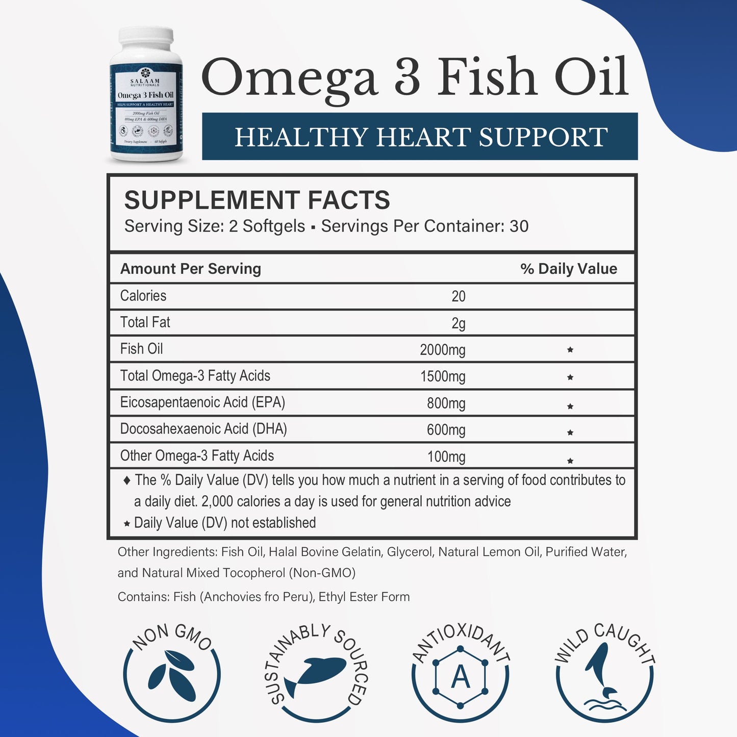 Halal Fish Oil 2000mg Omega-3 Soft Gels with EPA & DHA - 60 Count | Salaam Nutritionals